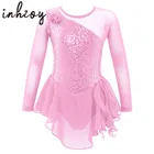 Балетное гимнастическое платье для девочек с блестками, детское фатиновое танцевальное трико с длинным рукавом, платье с рисунком, Одежда для танцев