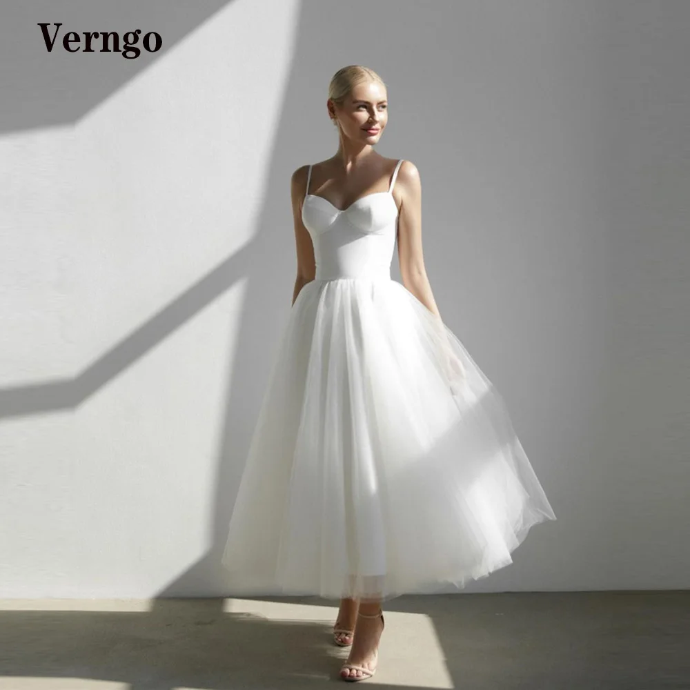 Verngo простые белые/Искусственные Свадебные платья 2021 на тонких бретельках миди