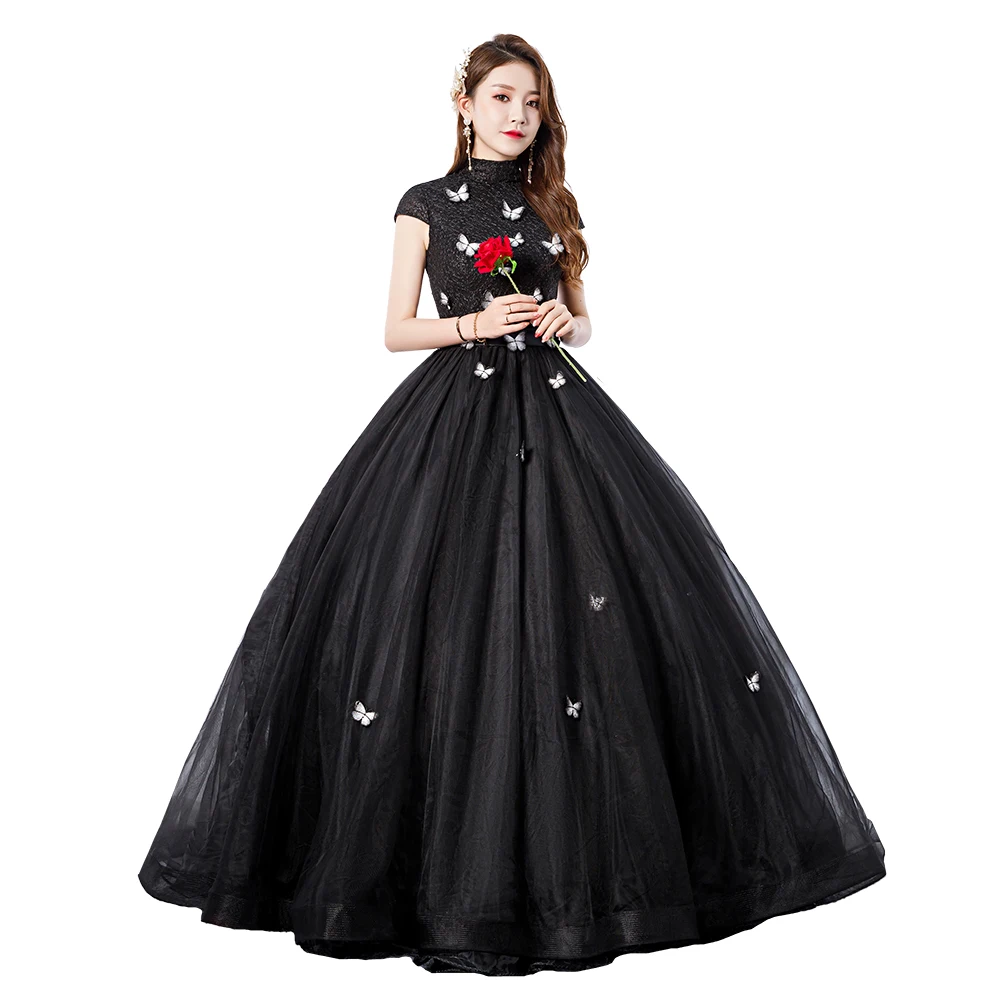 Милое черное пышное платье на 16 лет 2019 Vestido debutante 15 anos бальное с высокой горловиной