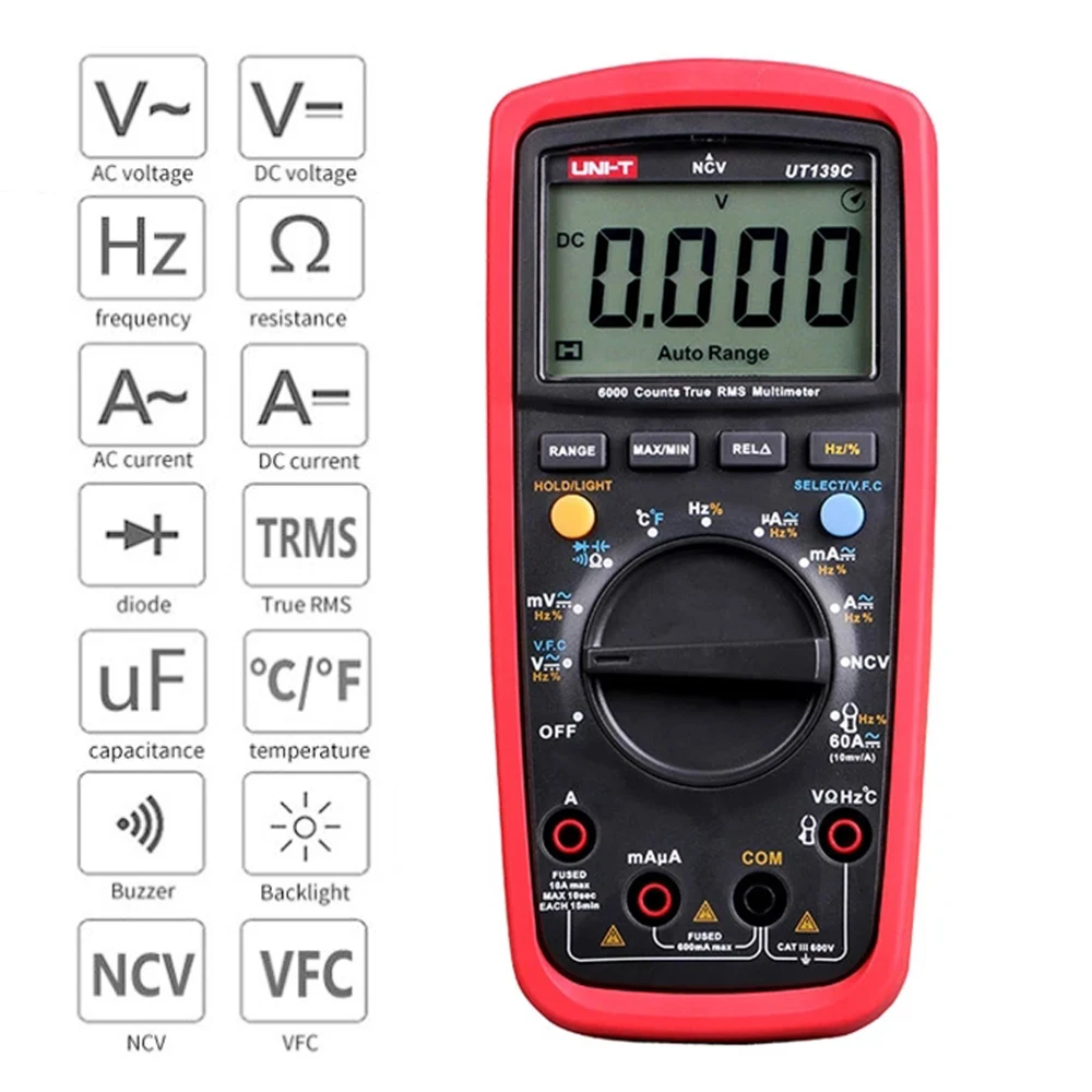 

Цифровой мультиметр UNI-T UT139C с автоматическим выбором диапазона, измеритель истинных среднеквадратичных значений, тестер конденсаторов, тр...