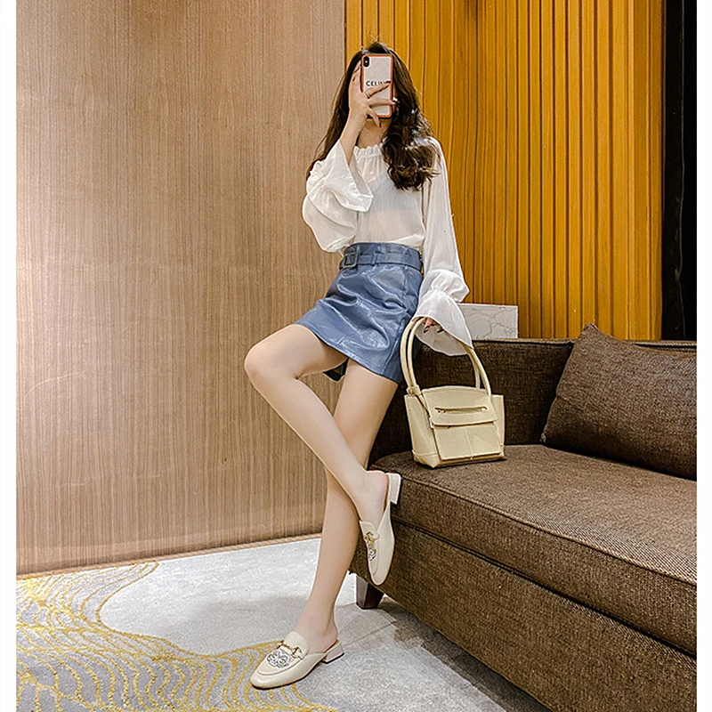 

Luxury Brand Summer Cowhide Sandals Women 2021 Flat Genuine Leather Shoes Fashion Square embroidery sheepskin Mules slippers
