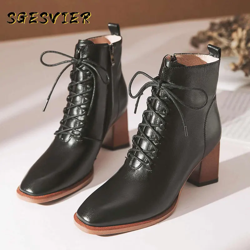 

Sgesvier elegant ladies genuine leather boots round toe high heels side Zipper beauty sweet dating warm women ankle boots