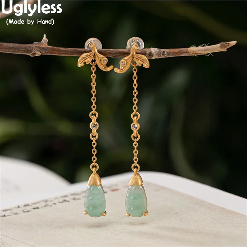 

Uglyless Natural Jadeite Beans Dangle Earrings for Women Handmade Leaves Long Tassels Earrings 925 Silver Gemstones Brincos Gold