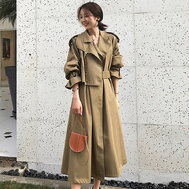 Шампанское Women Trench Coat Autumn Casual Belt Waist Long Coat Turn Down Collar Long Sleeve Windbreaker Trench Fashion Outwear - Цвет: Шампанское