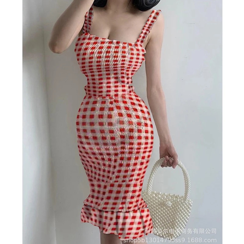 

WEPBEL Dress Women's Slim Fit Ruffled Stitching Dress Summer Sexy Spaghetti Strap Square Collar Backless High Waist Dress