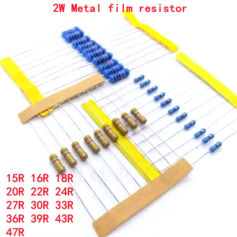 

20pcs 2W Metal film resistor 1% 15R 16R 18R 20R 22R 24R 27R 30R 33R 36R 39R 43R 47R 15 16 18 20 22 24 27 30 33 36 39 43 47 ohm
