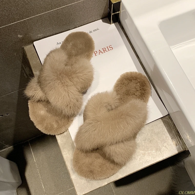 

soft rabbit fur slippers women cross band black furry flat sandals 2020 winter long plush slides female pantufa terlik