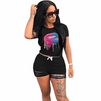 plus size summer two piece set crop top and shorts 2 piece set women outfits casual hole loungewear matching sets ensemble femme
