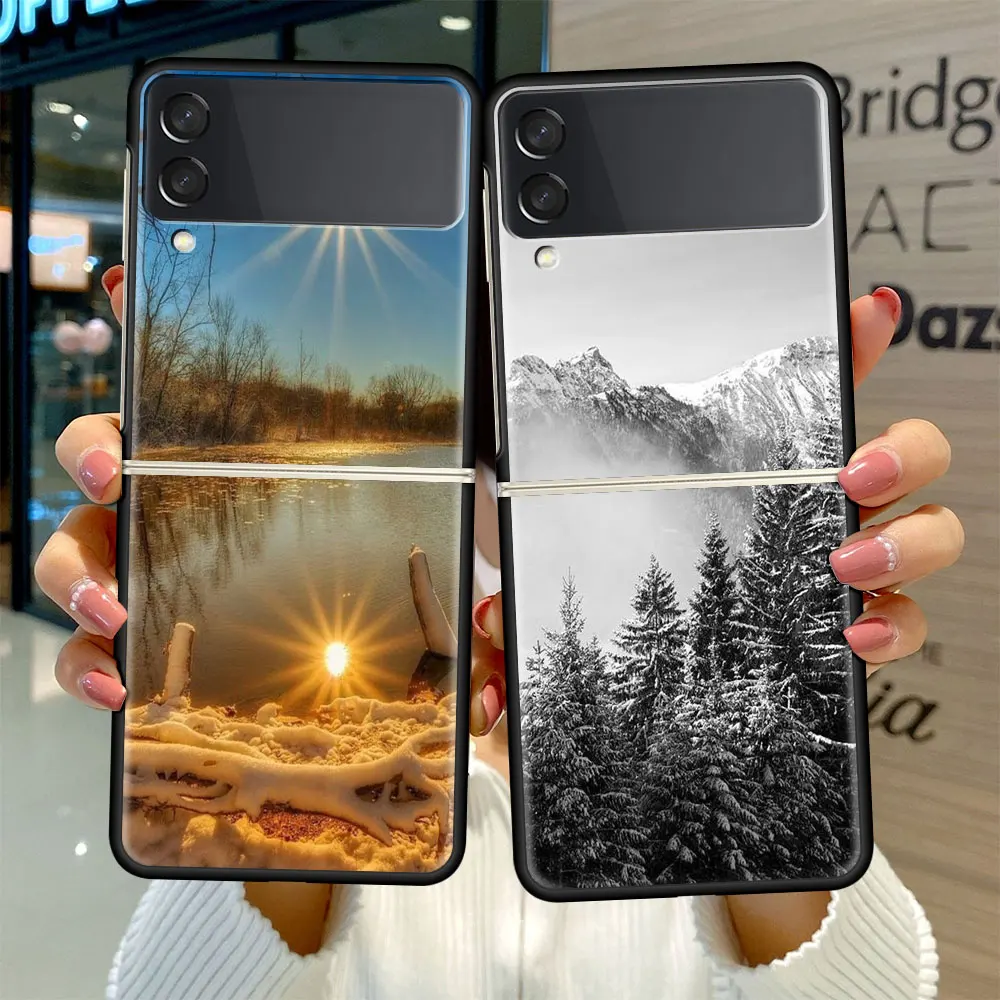 

Fold Case for Samsung Galaxy Z Flip 3 Black Silicone Hard Phone Cover Shockprooft Capas Funda White Mountain Pine Tree Forest
