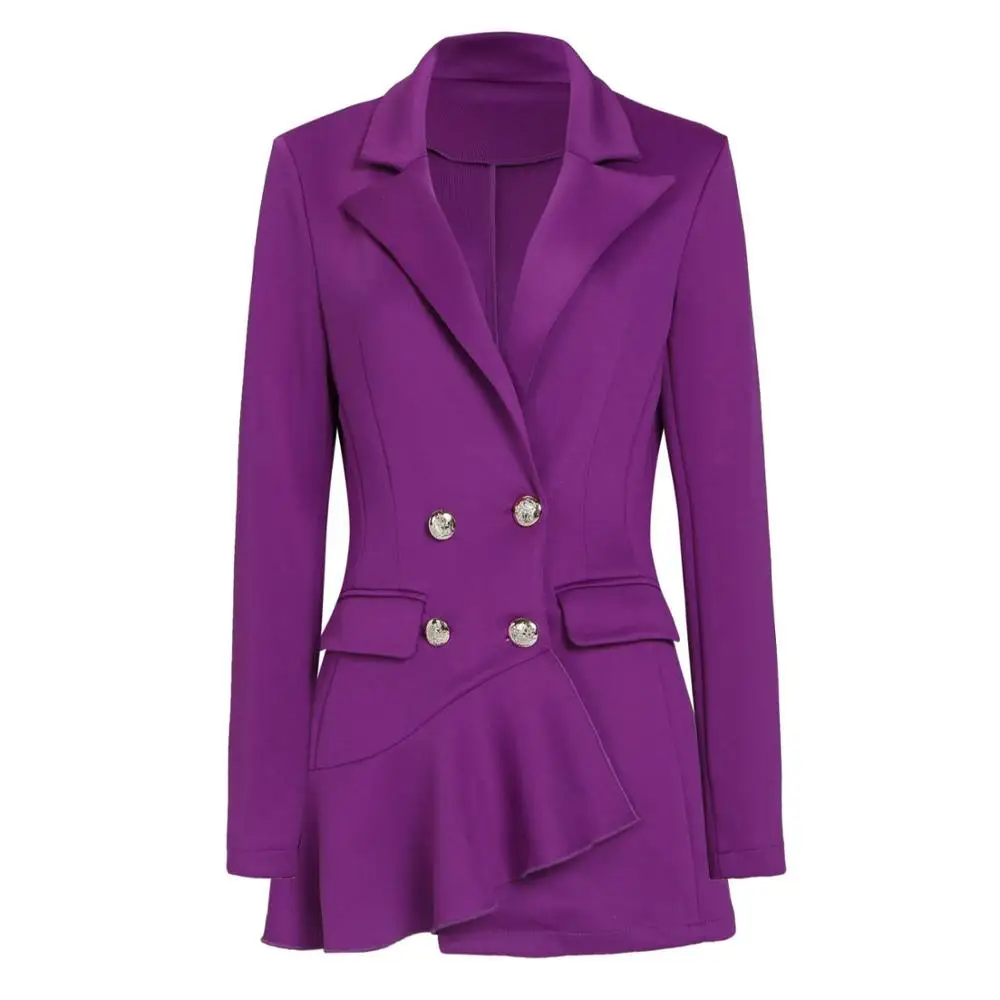 Женский пиджак пальто с вырезами на шее двубортный оборками подол длинные