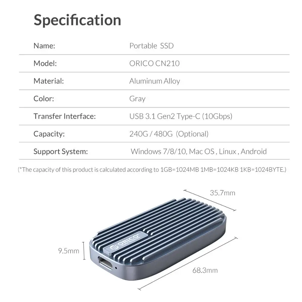 ORICO Мини Портативный SSD 480 ГБ 240 Type-C 520 м/с внешний твердотельный накопитель M.2 SATA NGFF