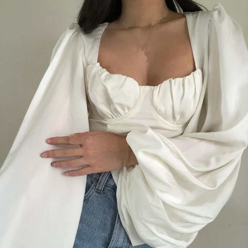 

Women Lantern Sleeve Crop Tops Blouses 2021 Summer Autumn Elestic Cuff Long Sleeve Square Neck Lace Up Back Vintage Corset Elega