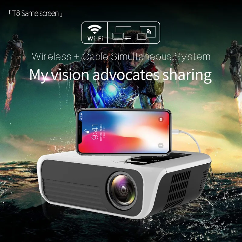 T8 Full HD светодиодный проектор Android портативный видео 1080P HDMI Мини 4K 5000 люмен