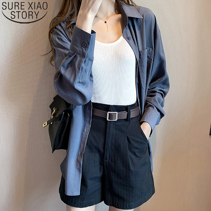 

Женский кардиган с воротником-поло, однотонная офисная рубашка свободного покроя, корейский стиль, Повседневная Блузка с длинным рукавом, д...