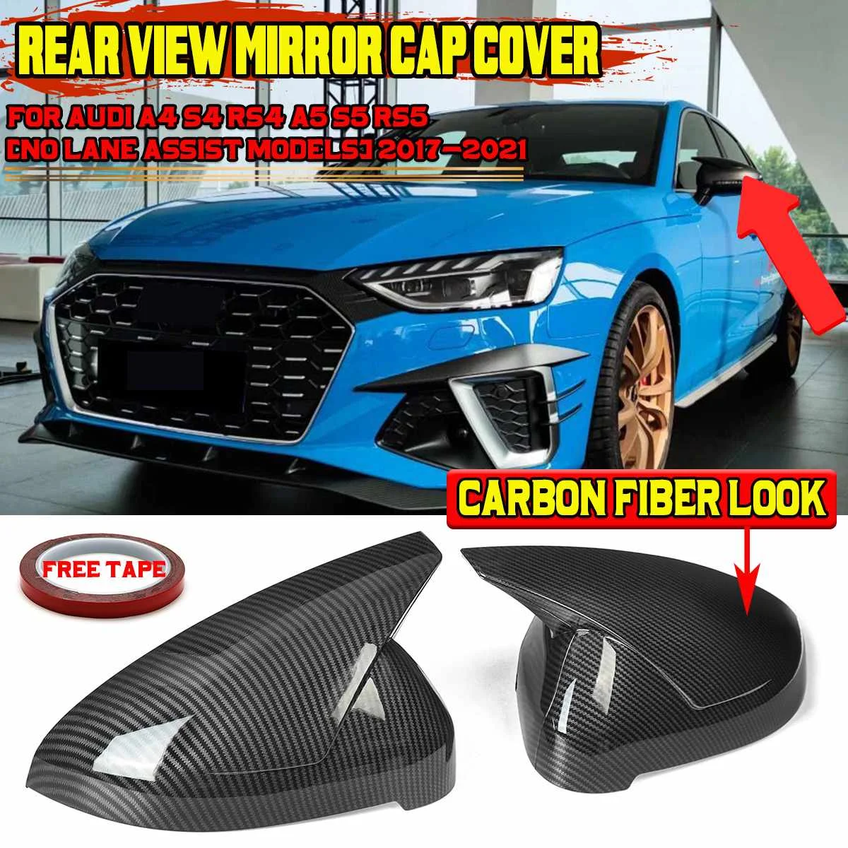 

High Quality Car Side Rearview Mirror Cover Cap ABT-Style For Audi A4 S4 RS4 A5 S5 RS5 2017-2021 Add-on Rear View Mirror Cover