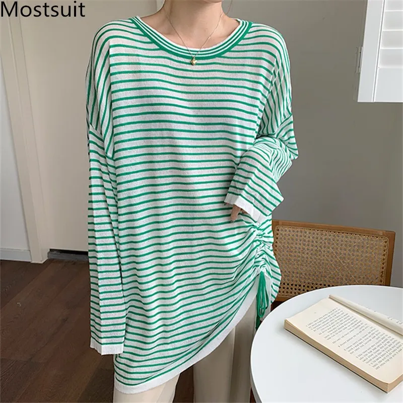 

Защита от солнечных лучей в полоску трикотажный пуловер Трикотаж Для женщин длинный рукав с О-образным вырезом топы на завязках, корейские ...