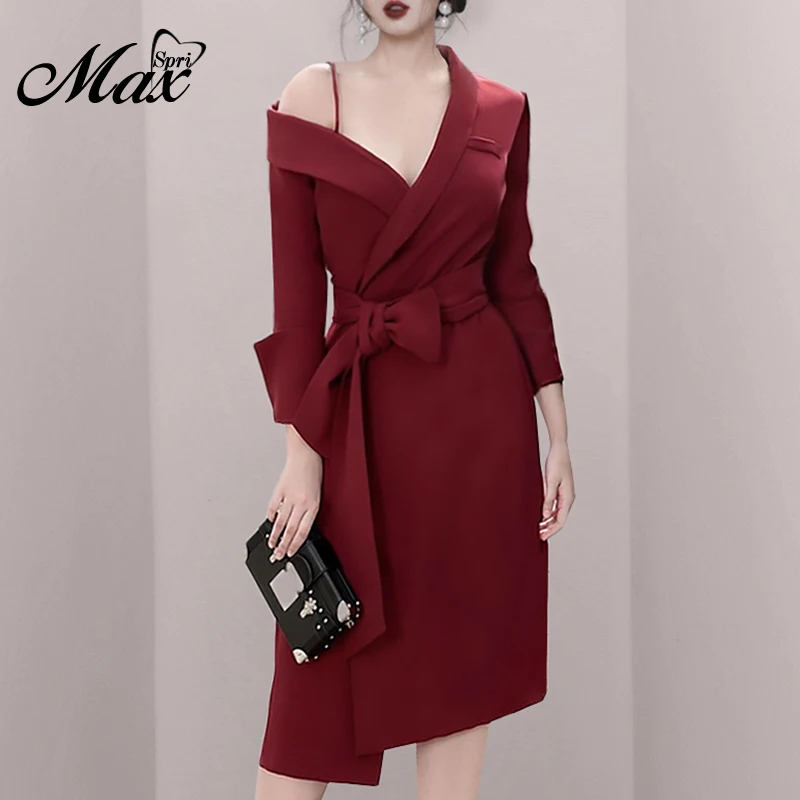 Женское асимметричное платье макси Spri красное офисное миди с длинными рукавами и