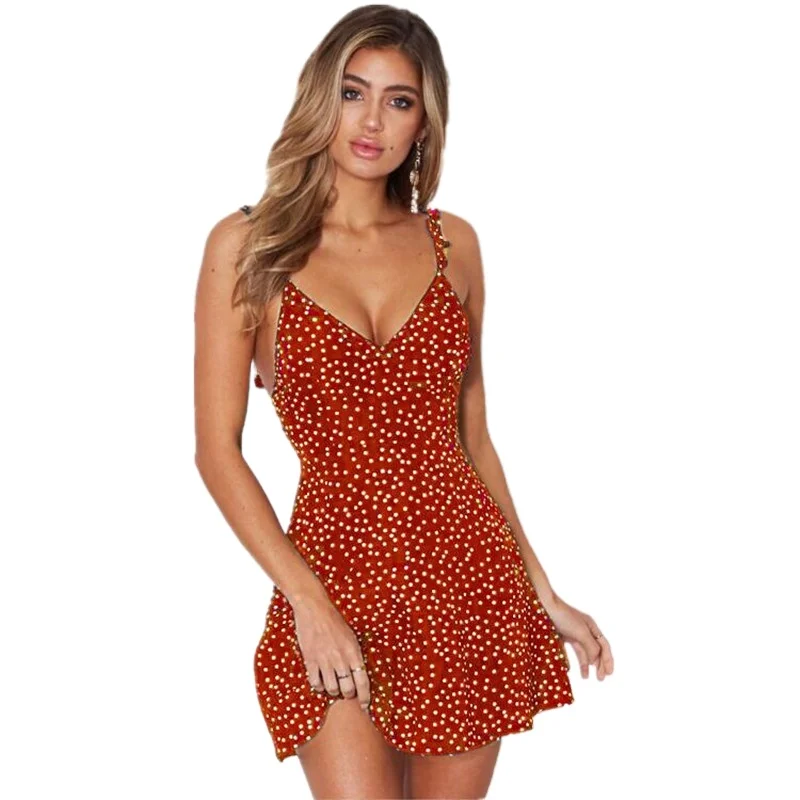 

Women's European and American Hot Style Polka Dot Back Sexy Lace-up Dress Five Colors 6 Sizes woman dress