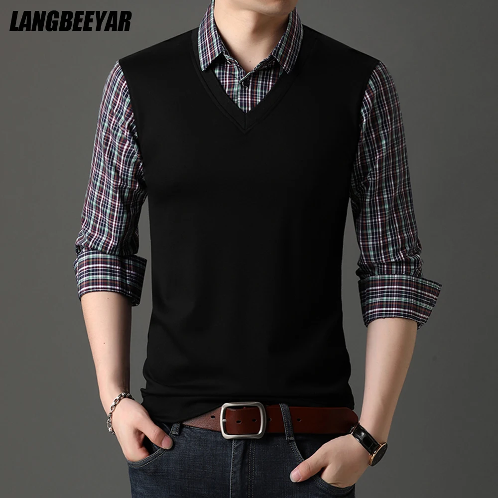 

Top Grade New Brand Fake Two Plaid Slim Fit Korean Fashion Mens Shirt Long Sleeve Checkered Casual Designer Clothes Men