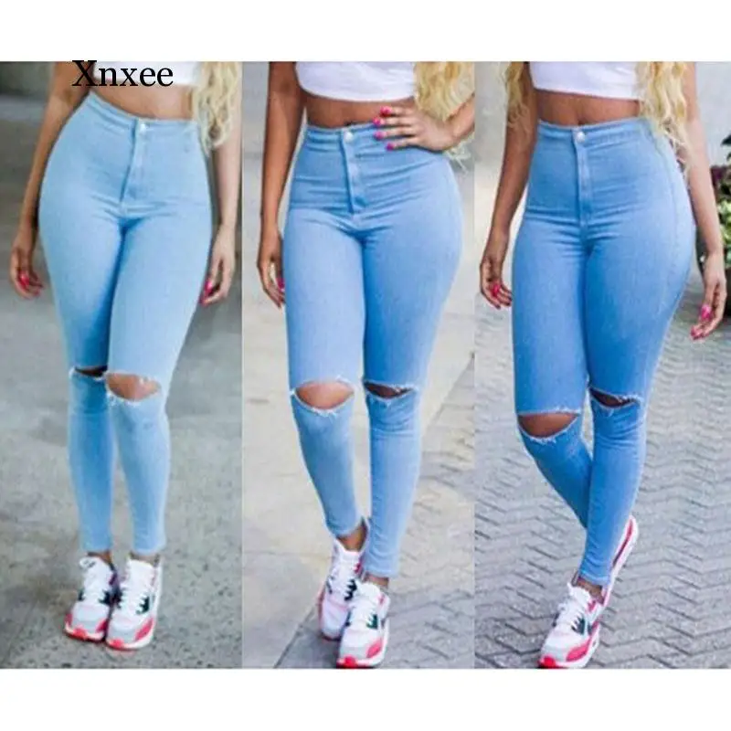 

New Fashion Pencil Pants Women Sexy Denim Skinny High Waist Trousers Stretch Broken Hole Jeans Pants With Zipper