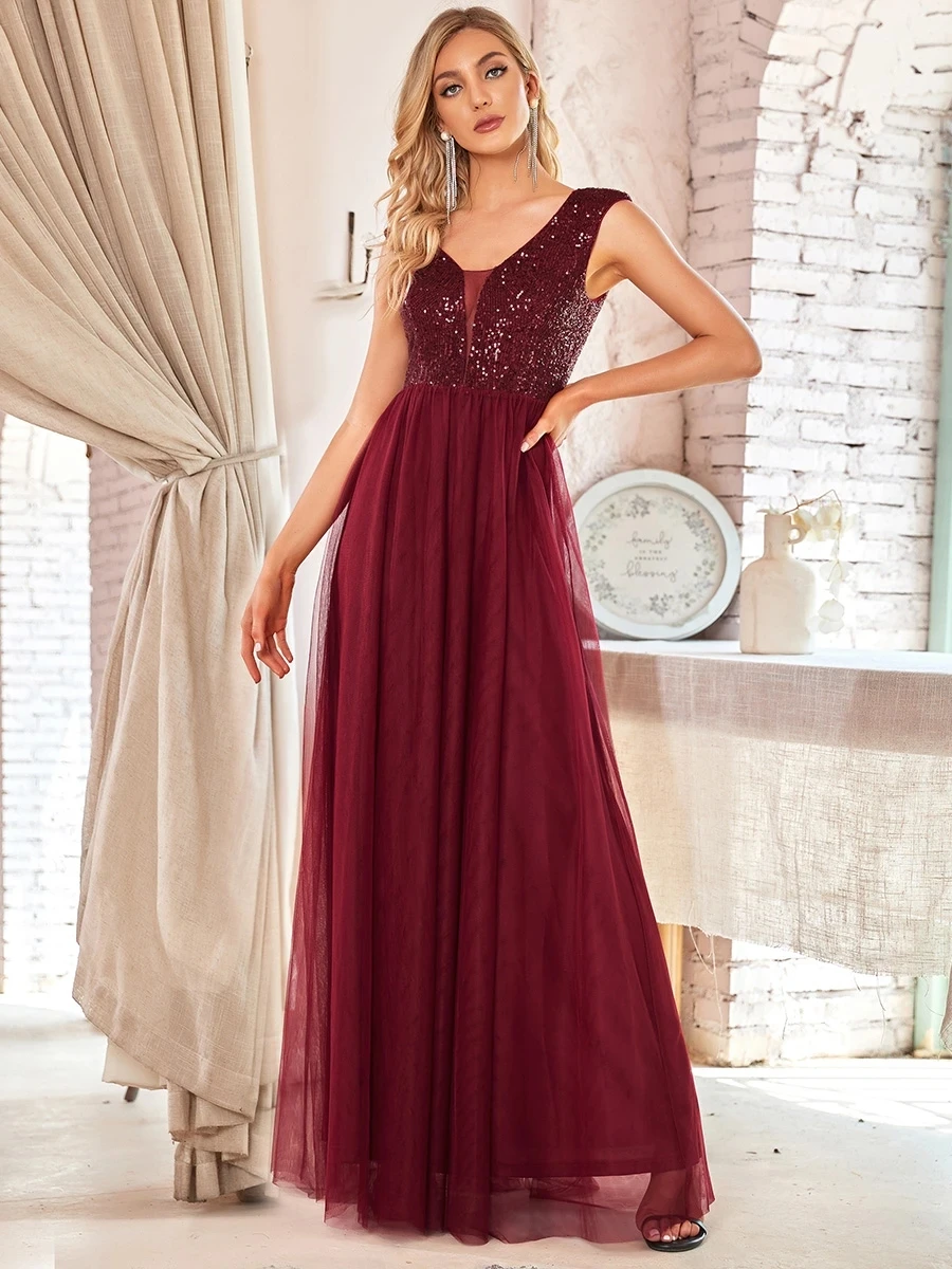 

Women's A-Line V-Neck Sequin Dress Floor-Length Prom Dresses EP00983