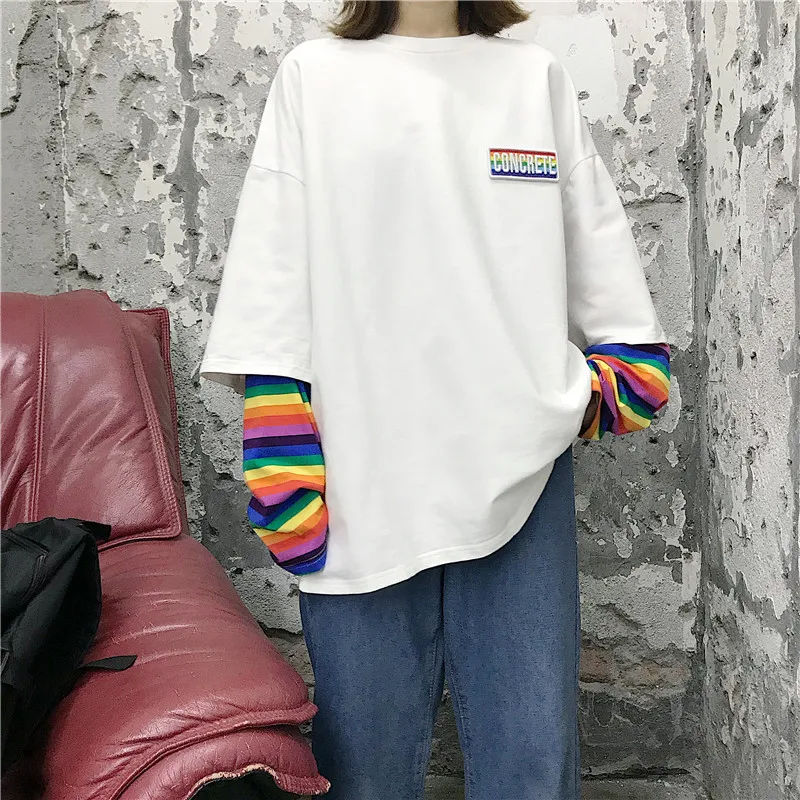 

Hoodies Women Ulzzang Fake Two Pieces Sweet Rainbow Striped Womens Harajuku Hoodie Chic Patchwork White Oversized Soft Lady Tops