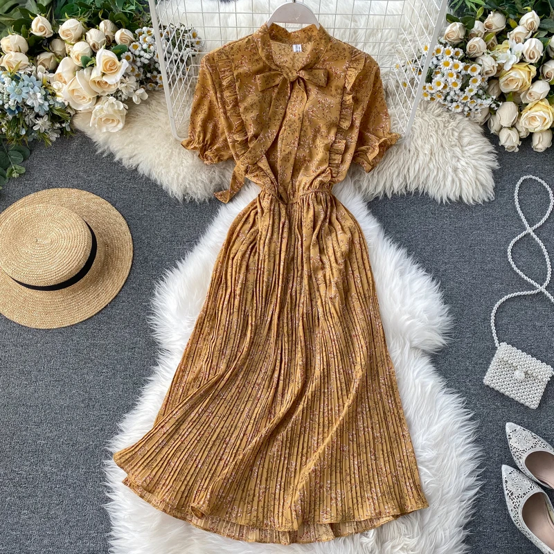 Фото Женское винтажное шифоновое платье миди элегантное приталенное с оборками