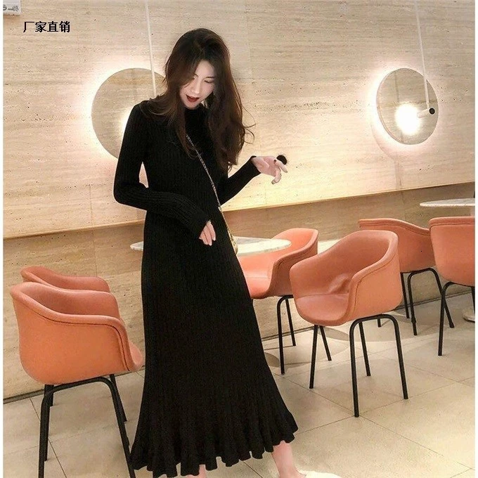 Женский трикотажный свитер с длинным рукавом облегающее черное платье макси