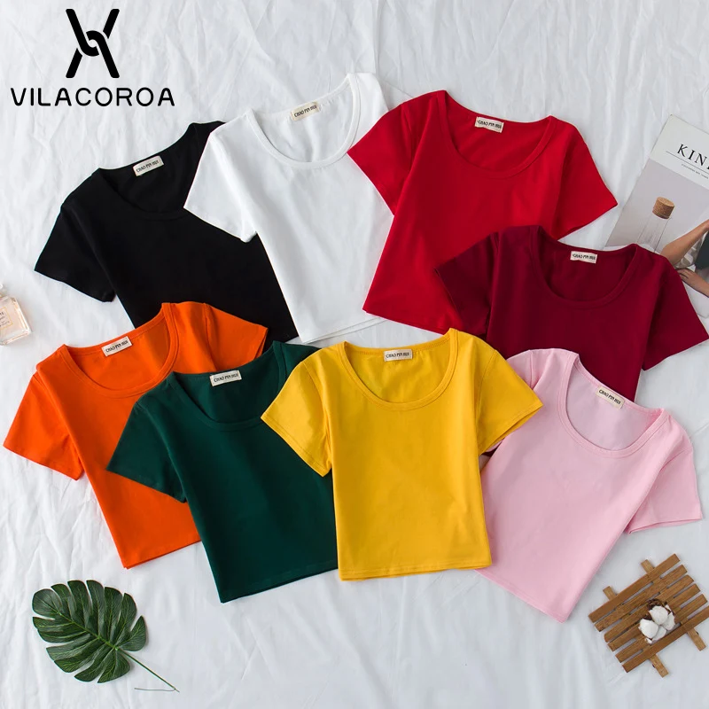Casual Basic Cotton U-Neck T-Shirts Womens Summer Simple Comfortable Short Sleeve T-Tops Femme Bodycon Bottom Crop Tops