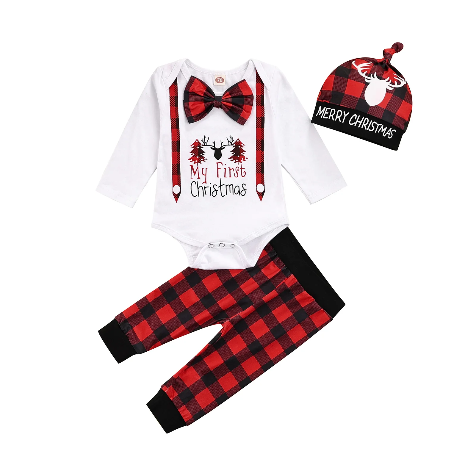 

Three Piece Baby Boy’s Clothes Christmas Print Long Sleeve Romper And Plaid Trousers With Hat For Newborn Baby Girls And Boys
