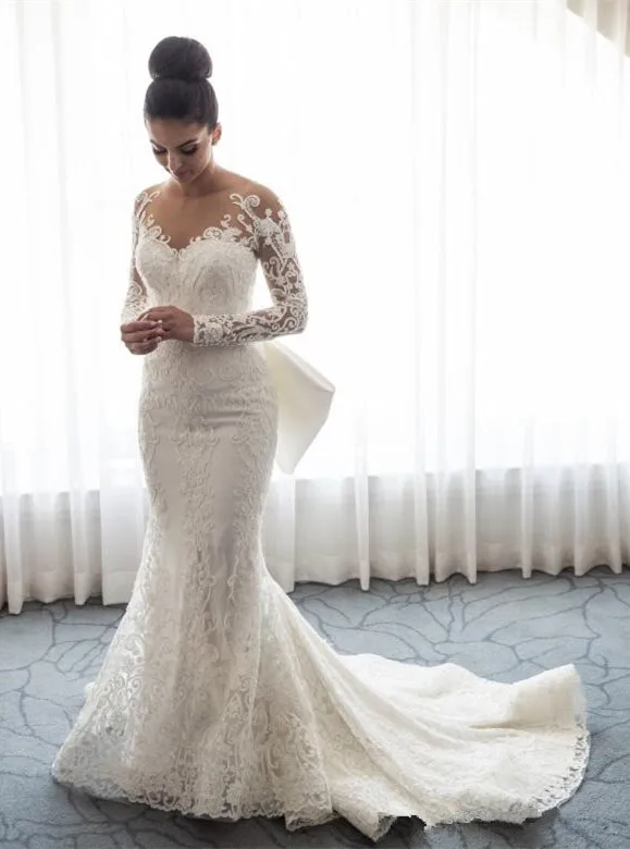 

South African Wedding Dresses Mermaid Long Sleeves Tulle Appliques Bow Nigeria Vestido De Noiva Bridal Wedding Gown