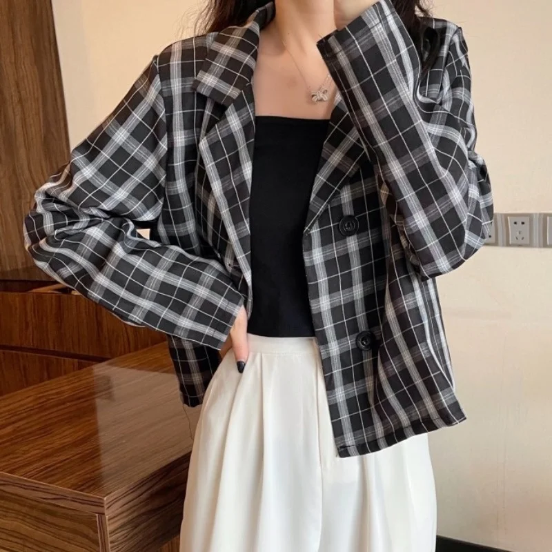Женский дизайнерский клетчатый костюм короткое пальто с длинным рукавом