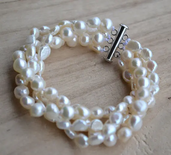 

New Arrival Favorite Real Pearl Bracelet 4 Rows 6-8mm White Genuine Freshwater Pearls Jewelry Magnet Clasp Charming Lady Gift