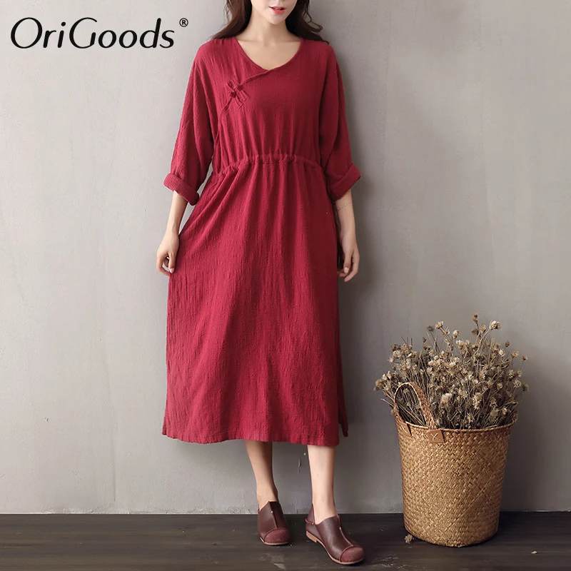 Женское длинное платье в китайском стиле OriGoods винтажное из хлопка и льна с v