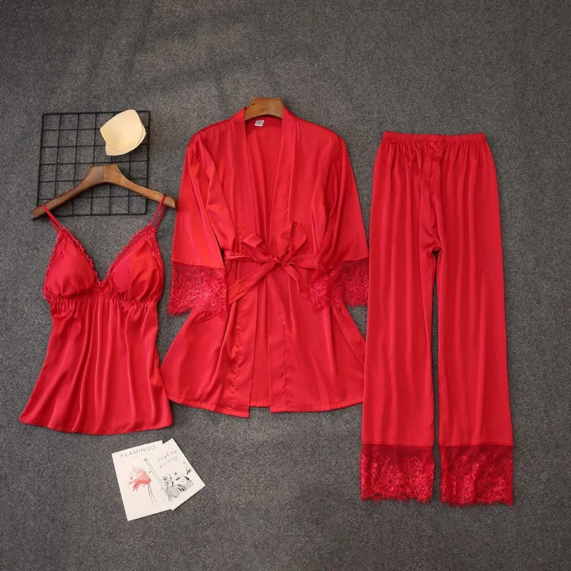 

Soft Kimono Bathrobe Gown Sexy Lace Women Pajamas Set Satin Lace Patchwork 3PCS Sleepwear Kimono Gown Green PJS Suit Homewear