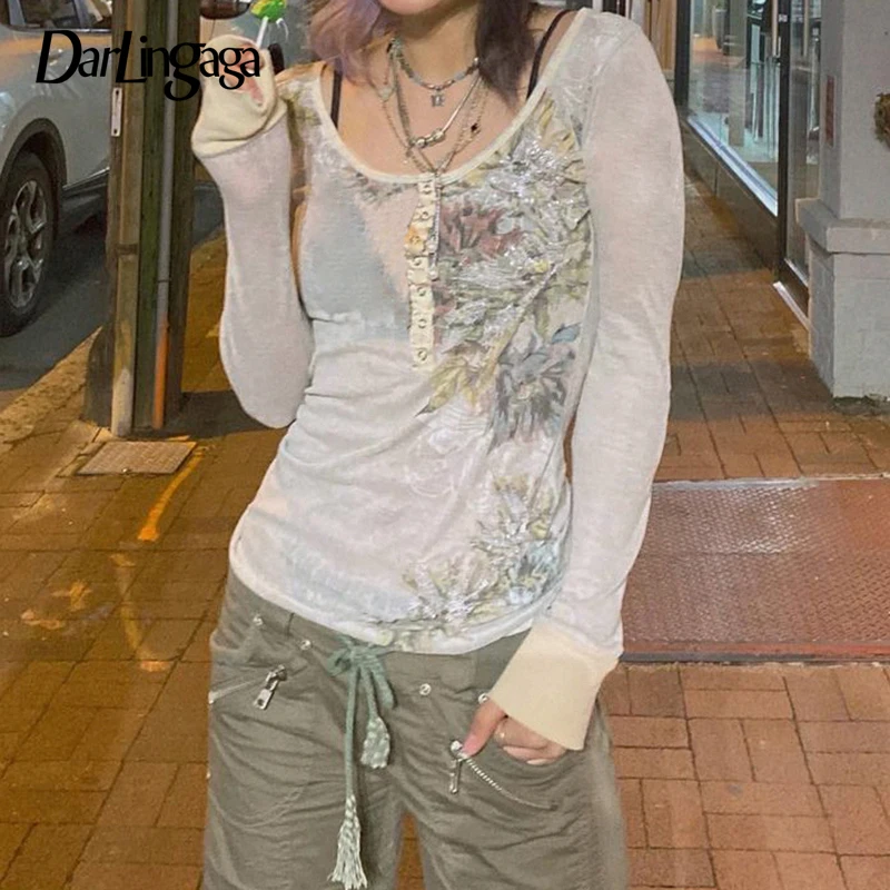 

Darlingaga Y2K Fairycore Grunge Print Retro T shirt Women Tops Tees Streetwear Harajuku Pullover Aesthetic Graphic T-shirt Cloth