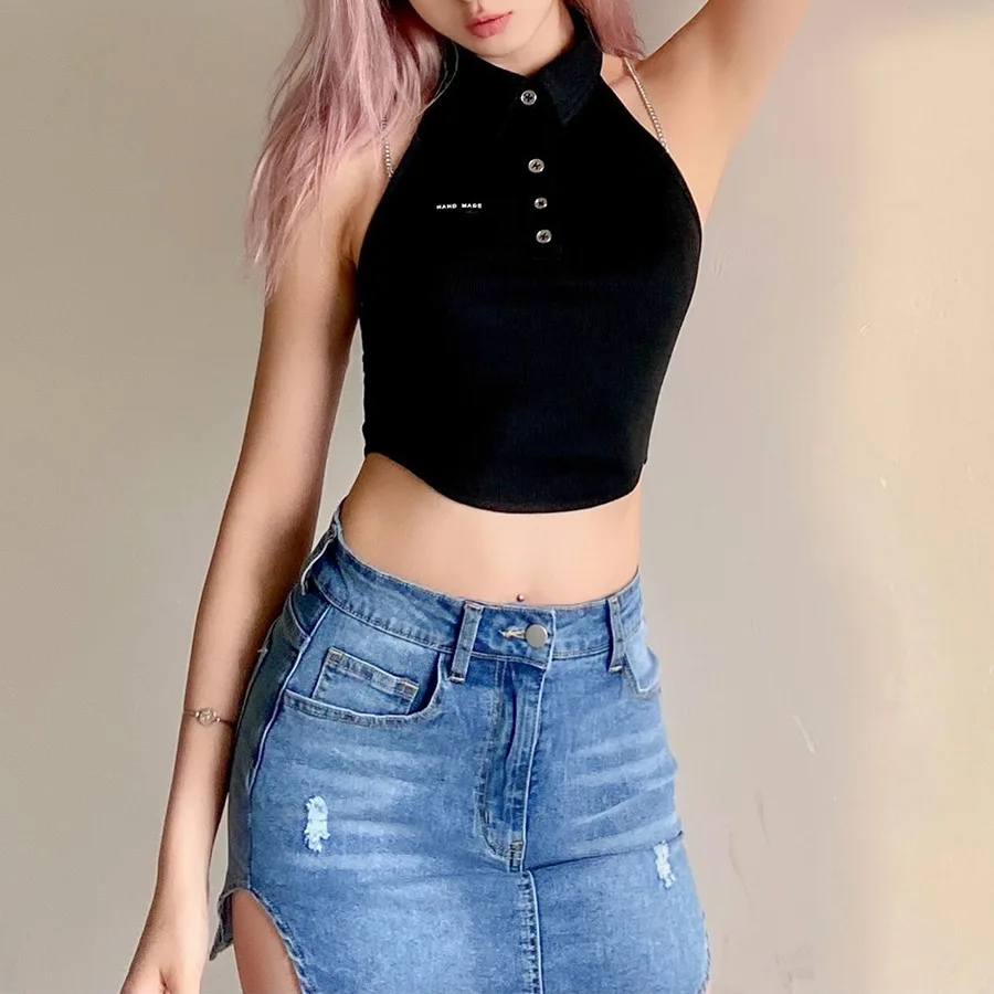 

Spring and summer new style women's solid color slim-fit navel fashion chain halter top women