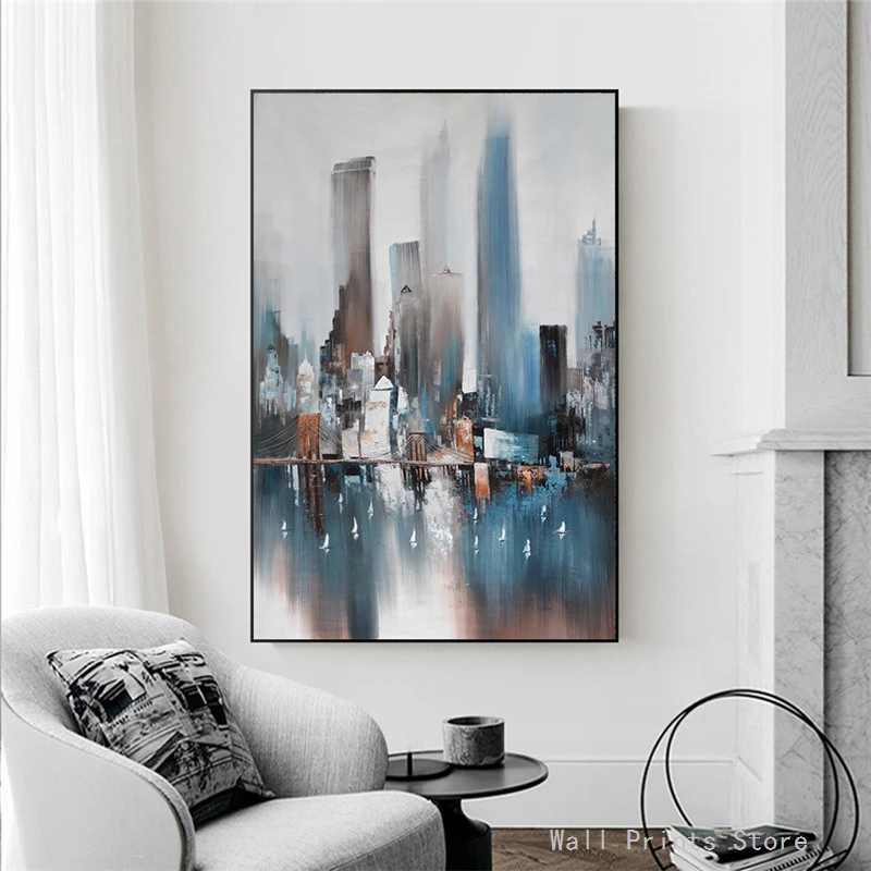 Contempary голубая абстрактная картина маслом здания на холсте постеры и принты