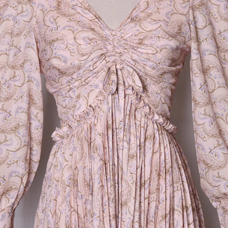 Женское винтажное платье макси Ruched с длинным рукавом цветочный принт Высокая