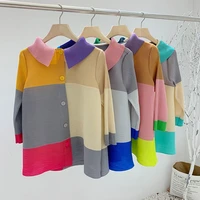 miyake pleated cardigan for women autumn 2021 fashion color patchwork turn down collar single breasted loose plus size jacket
