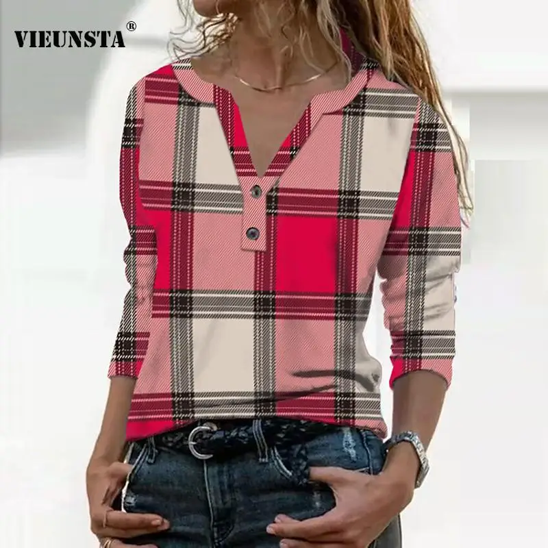 

Vintage Plaid Printed Patchwork Women Tops Blouses Spring V Neck Buttoned Shirt Pullover Autumn Long Sleeve Office Blouse Jumper