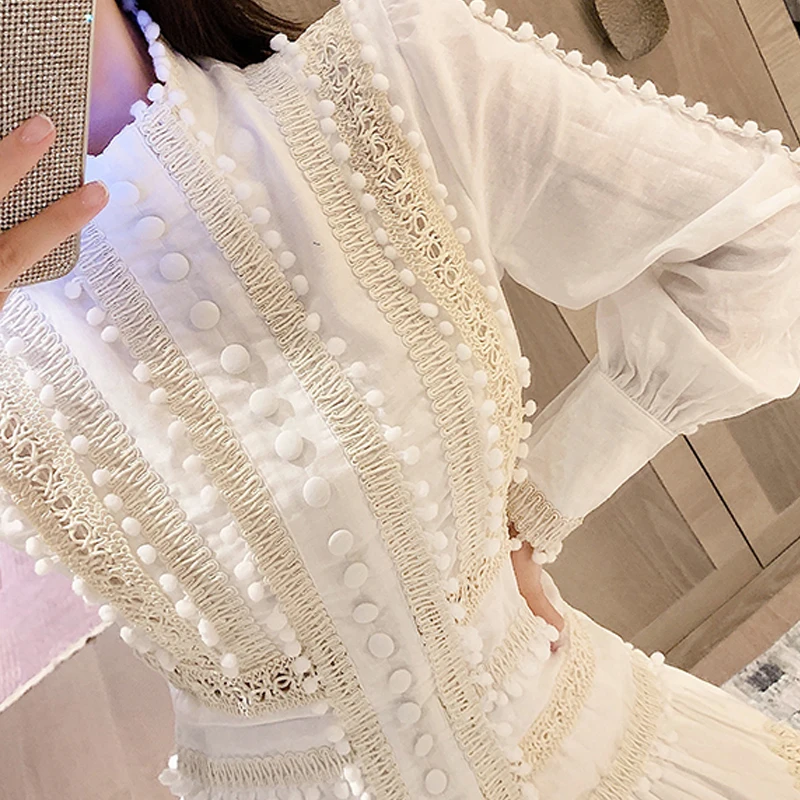 

Newest French Style Retro Hollow Out Dresses Lace Patchwork Ruffles Stand Collar Lantern Sleeve Ball Gown Short Dress Women