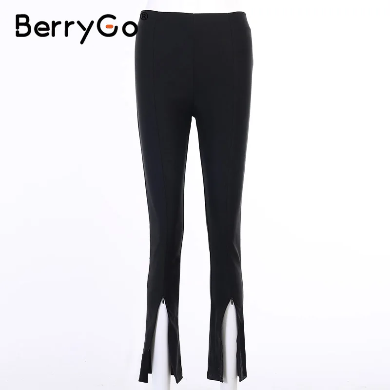 

BerryGo Fashion slit slim Pants Black high waist elastic belt close fitting pants High street style autumn pencil pants 2020