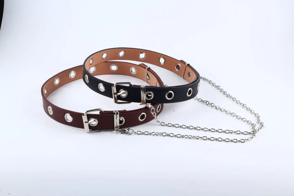 PKWYKLRE shipping женский панк цепь модный пояс регулируемый черный двойной/одинарный люверс втулка кожаный ремень пряжка