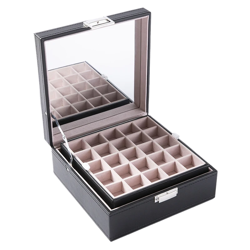 

50 Grids Jewelry Box Two Layers Earring Organizer With Large Mirror Necklaces Earrings Bracelets Collection Box Packaging Holder