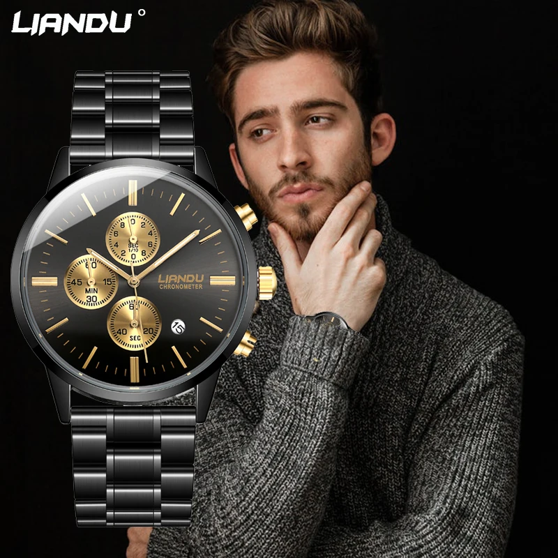 Мужские деловые часы LIANDU бренд из нержавеющей стали Кварцевые наручные