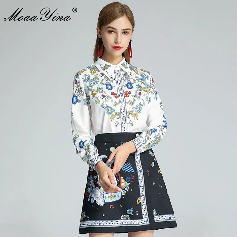 

MoaaYina Fashion Designer Set Spring Autumn Women Long Sleeve Floral Print Blouses Tops+Skirt Indie Folk Two-piece sets