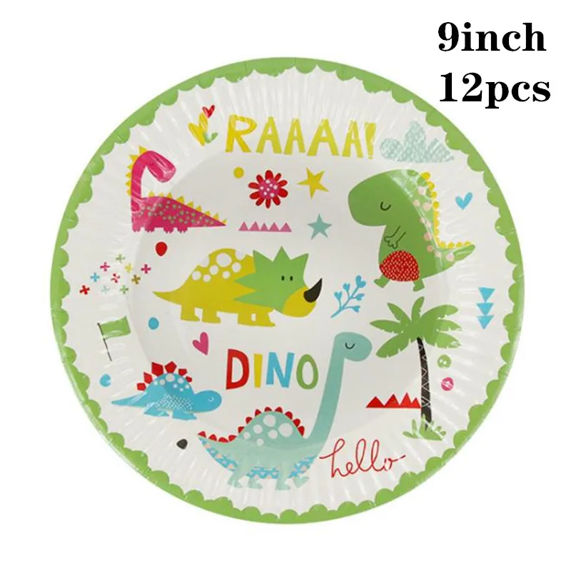 plates 12pcs Мотив динозавра праздничный набор столовой посуды Одноразовая бумажная тарелка скатерть торт Топпер с первого дня рождения товары для мальчиков - Цвет: plates 12pcs