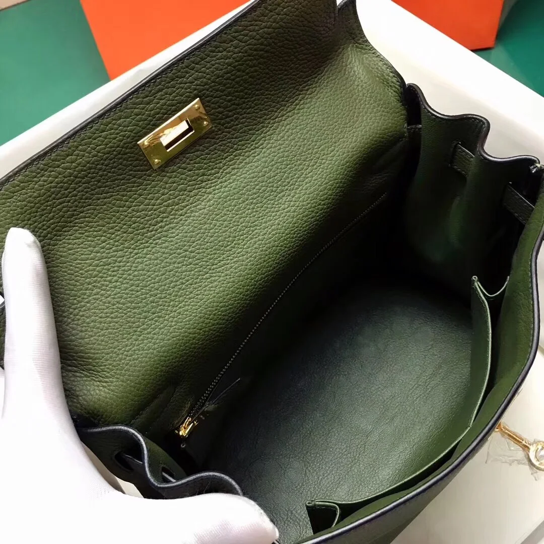 

BRAND BAG,LUXURY HANDBAG,25CM,Army green,Togo Leather,Fully Handmade Quality,Wax Line Stitching, Fast delivery
