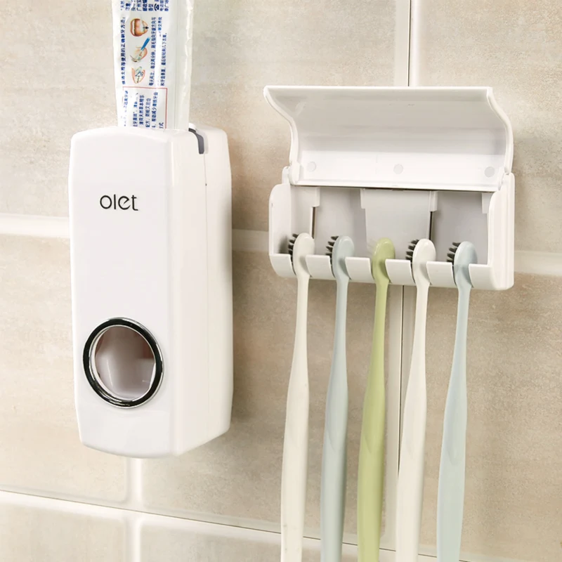 

WIKHOSTAR Automatic Toothpaste Dispenser Toothbrush Holder Wall Mount Toothpaste Squeezer Storage Rack Bathroom Accessories Set
